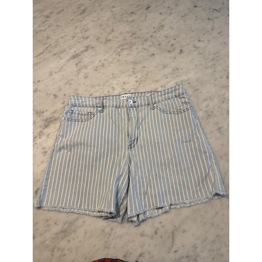 Frayed Jeans Women 12/31 High Rise Denim Shorts Blue White Striped Raw Hem